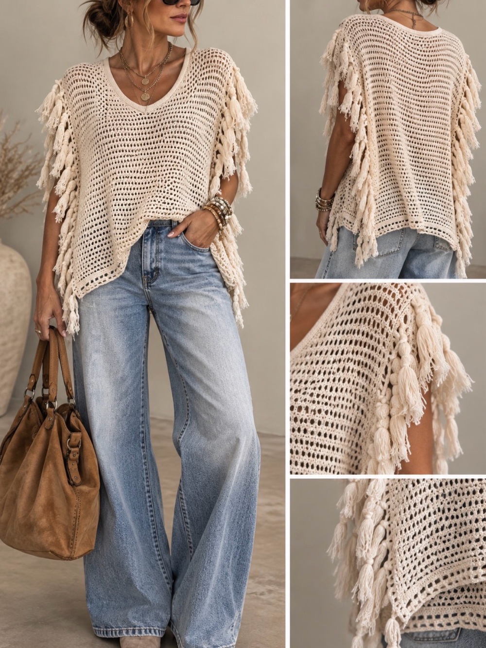 Paper Crane Cream Crochet Fringe sweater